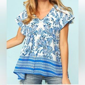 Haptics | NWOT Blue Paisley Print  Babydoll V Neck Flutter Sleeve Peplum Top M